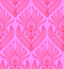 Seamless repeat pattern print background with ornament in roze and red 
