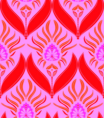 Seamless repeat pattern print background with ornament in roze and red 