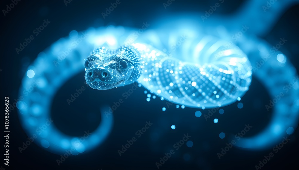 Poster A Vigorously Moving Snake Dissolving into Particles with Glowing Effects for Digital Art and Visual Projects