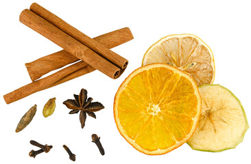 Mulled wine ingredients set isolated on a transparent background. Top view. Completely in focus. Focus stacking.