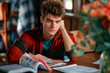 A young man is sitting at a table with a book open in front of him