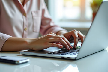 Close-up of the hands of a female wearing a pastel-colored button-up shirt typing on a laptop