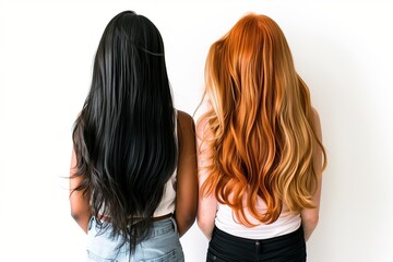 Two women with long hair, one black and one red