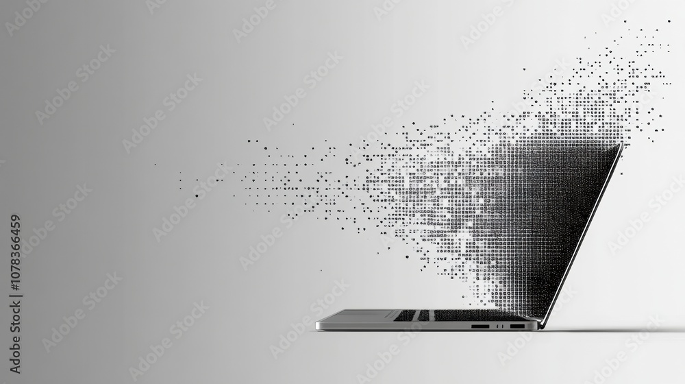 Poster a sleek laptop features pixel elements that appear to be disintegrating into tiny squares, symbolizi