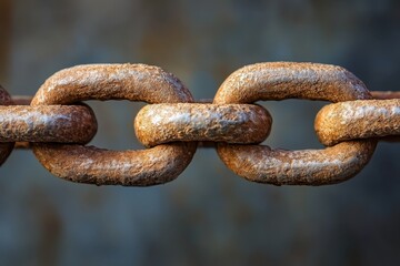 Rusty metal chain links displayed against a textured background in natural light outdoors