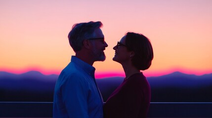 Silhouettes of Love at Sunset:  A romantic silhouette of an older couple gazing into each other's eyes against a backdrop of a vibrant sunset, evoking a sense of enduring love and connection. 