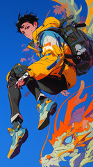 cyberpunk anime character cool uniform with simple dragon background