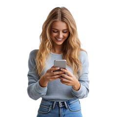 Fototapeta premium Happy woman using cell phone isolated transparent background