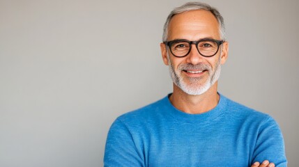 Confident and Content: A mature man with a warm smile and a confident gaze, exuding a sense of calm and contentment, embodies maturity and experience.  