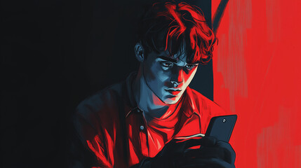 Landscape aspect illustration of a tired teenaged boy or young man staring at his phone, looking worried and serious, with copy space for text. Aspect ratio 16:9