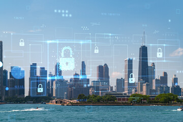 Digital security overlay on Chicago skyline with buildings and water in the foreground.