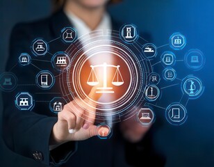 Legal Professional with Justice Icons. A suited legal professional touches virtual icons. Generated image