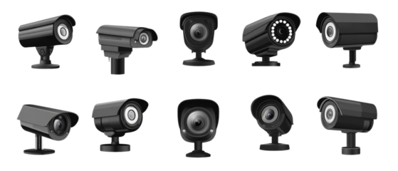 Set of black security CCTV cameras isolated transparent background