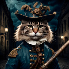 Majestic Cat in Vintage Aristocratic Costume with Embellished Hat and Blue Coat - Fantasy Portrait of Noble Cat in Dark Street