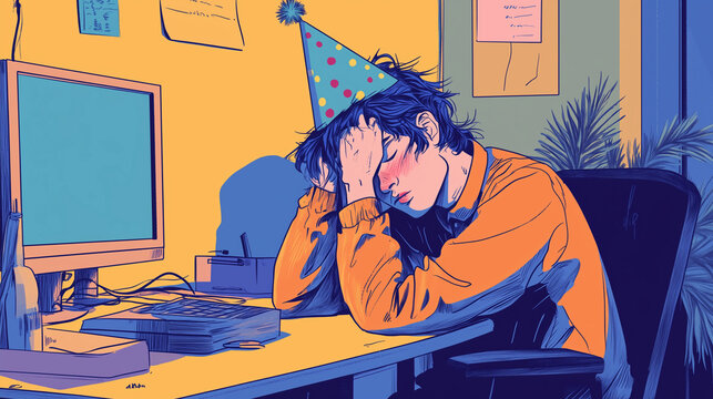 A person sits at their desk in the Christmas period looking exhausted, burned out or hungover after an office Christmas party. Wide landscape ratio 14:9