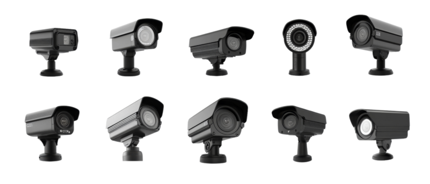 Set of black security CCTV cameras isolated transparent background - Powered by Adobe