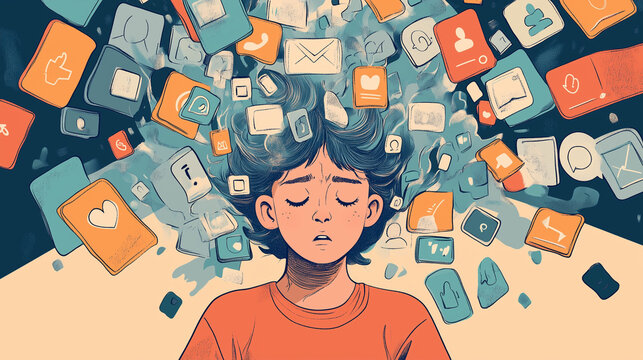 An illustration of a child, teen or young person who is overwhelmed by social media, they look worried or sad with many icons crowding around their head, wide aspect 16:9