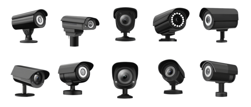 Set of black security CCTV cameras isolated transparent background