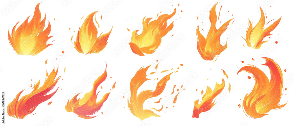 Poster Set of bright and dynamic fire flames isolated transparent background
