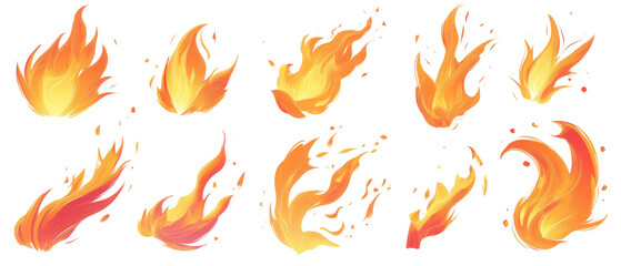 Set of bright and dynamic fire flames isolated transparent background