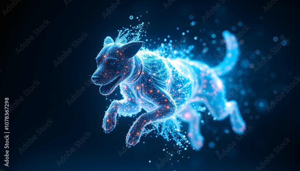 Aufkleber a futuristic and captivating depiction of a vigorous dog dissolving into particles with glowing effe