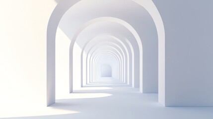 Fototapeta premium White arches in perspective, disappearing into a bright white light.
