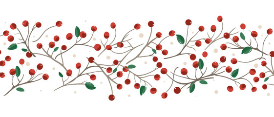Christmas berry garland horizontal banner. Holly, pine twigs, red berries. Winter nature design, vector illustration