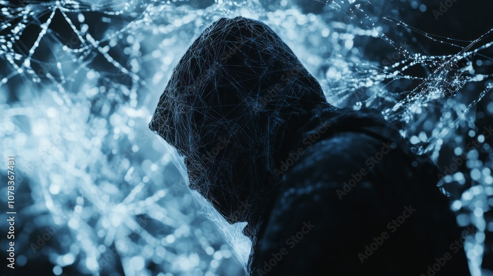 Poster a man in a hoodie is standing in front of a web of spider webs