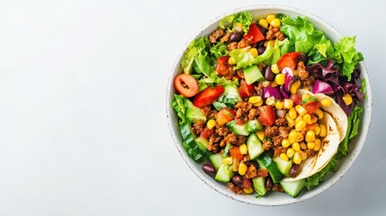 Vegan taco salad bright background clean layout  copy space