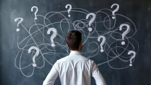 Man in white shirt looking at chaotic lines and question marks
