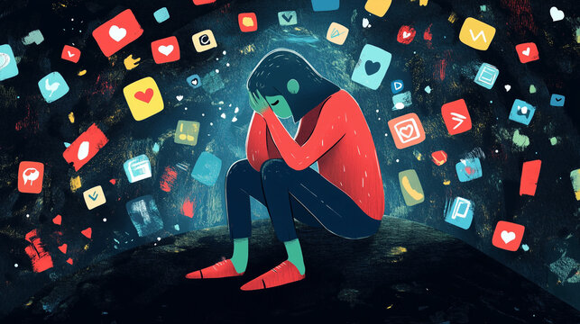 An illustration of a child, teen or young person who is overwhelmed by social media, they look worried or sad with many icons crowding around their head, wide aspect 16:9