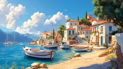 Obraz premium A picturesque seaside town with whitewashed buildings, blue doors, and boats moored in the harbor.