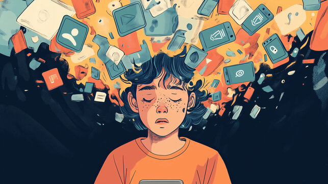 An illustration of a child, teen or young person who is overwhelmed by social media, they look worried or sad with many icons crowding around their head, wide aspect 16:9