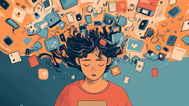 An illustration of a child, teen or young person who is overwhelmed by social media, they look worried or sad with many icons crowding around their head, wide aspect 16:9, bullying, peer pressure