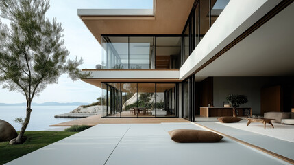 Fototapeta premium Modern minimalist luxury beach house with large glass windows, wooden elements, and outdoor seating overlooking a tranquil sea and rocky landscape.