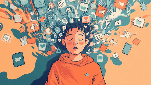 An illustration of a child, teen or young person who is overwhelmed by social media, they look worried or sad with many icons crowding around their head, wide aspect 16:9