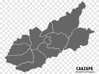 Blank map Caazapa Department of Paraguay. High quality map Department  of Caazapa with districts on transparent background for your web site design, logo, app, UI.  Republic of Paraguay.  EPS10.