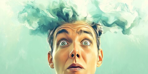 A person with a surprised expression, clouds above their head symbolize thoughts or ideas.