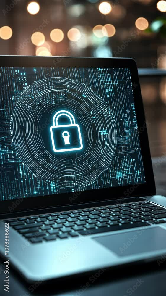 Poster laptop displaying padlock icon representing cybersecurity