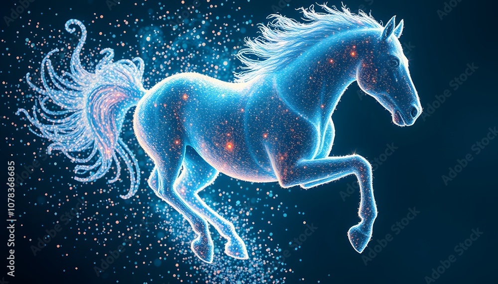 Poster A Dynamic Image of a Vigorous Horse Dissolving into Glowing Particles Perfect for Artistic and Creative Projects