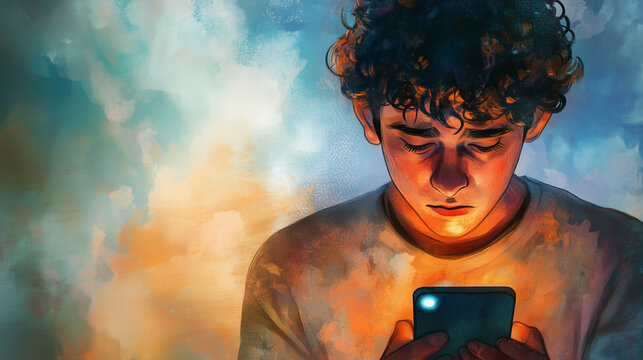 Landscape aspect illustration of a tired teenaged boy or young man staring at his phone, looking worried and serious, with copy space for text. Aspect ratio 16:9