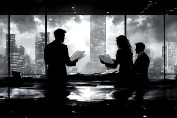 group of businesspeople around a round table, all engaged in discussion and working with notepads, laptops, and documents, symbolizing teamwork, equality and collaborative discussion