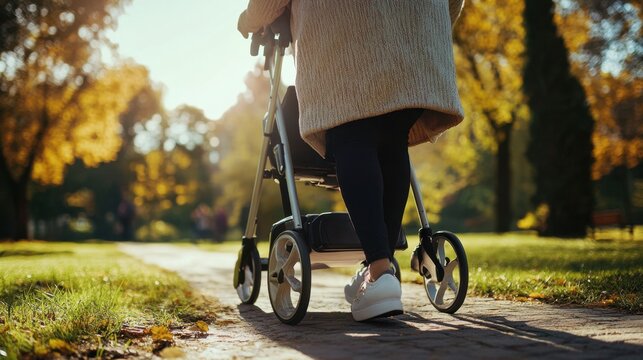 Woman using mobility aid in park bright day  clean layout