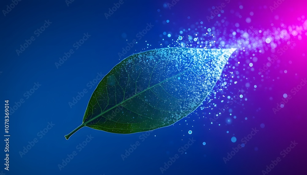 Poster A Vigorously Animated Leaf Dissolving into Particles with Glowing Effects, Perfect for Nature and Environmental Themes