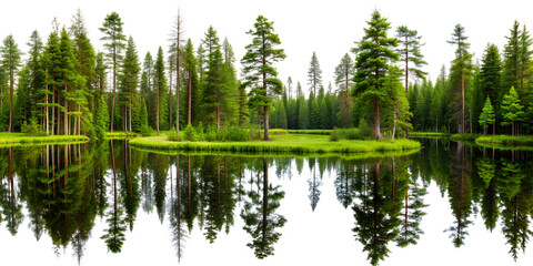  Taiga Forest Scene with Lush Coniferous Trees (Pine, Spruce, Fir) Surrounding a Reflective Pond. isolated on transparent. PNG, cutout, or clipping path.