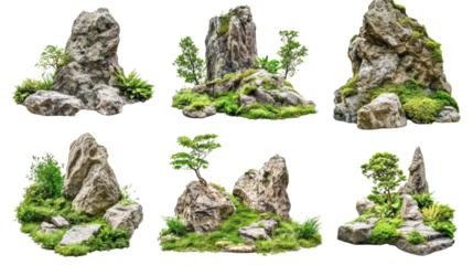 Natural Rock and Greenery Landscape Set, Isolated on transparent background