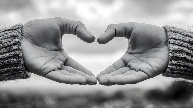 close-up of two hands forming a heart shape, framed by an outdoor background of sky and subtle clouds. charity and giving, love and compassion, positive mindset, global kindness