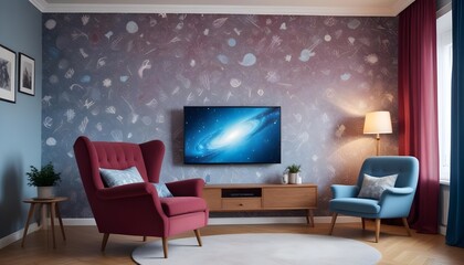 Scandinavian living room interior design zoom background,Doodle Galaxy patterned wallpaper graphics