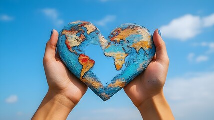 close-up of two hands holding a heart shape globe at sky backdrop. symbolizing unity and world peace. charity and giving, love and compassion, positive mindset, global kindness