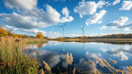 Wind turbines near lake reflection in water bright day clean background  copy space